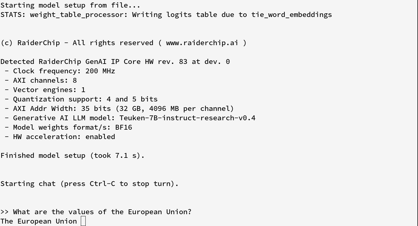 RaiderChip NPU running, fully stand-alone and offline, the OpenGPT-X Teuken 7B LLM
