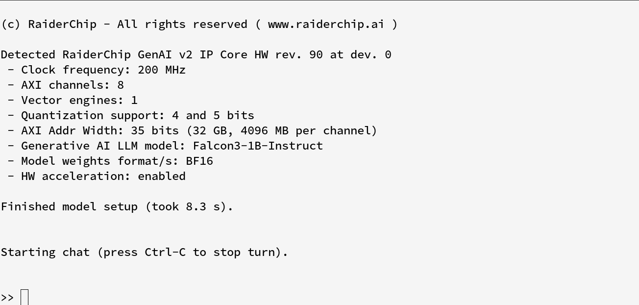 RaiderChip NPU running, fully standalone and offline, the Falcon-3 1B LLM with BF16 weights